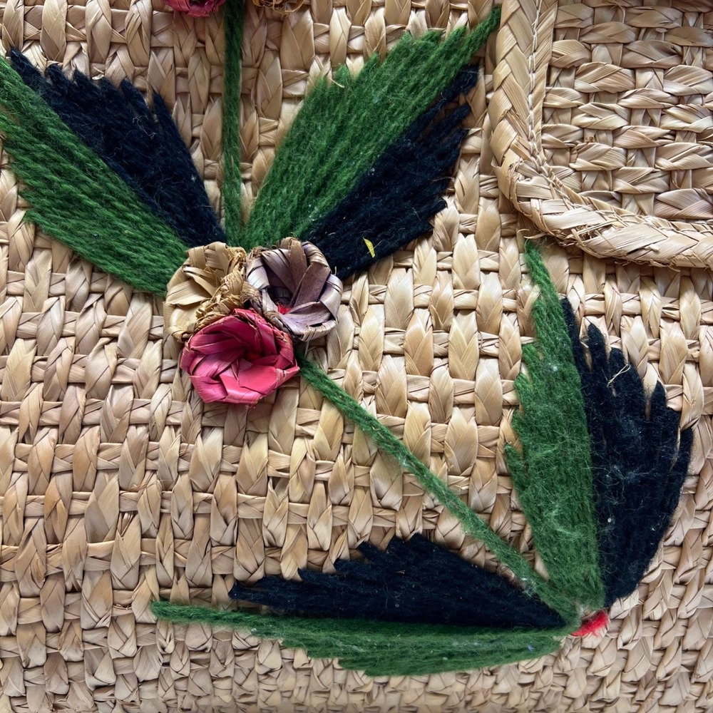 Vintage Woven Straw Tote Bag Floral 3D Raffia Embroidery Boho Beach Large Tan - Picture 10 of 16